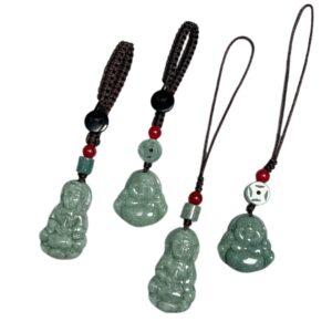 Guanyin Bodhisattva and Maitreya Buddha shape oily green jadeite key chain, jade mobile phone chain