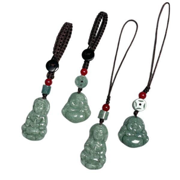 Guanyin Bodhisattva and Maitreya Buddha shape oily green jadeite key chain, jade mobile phone chain