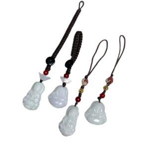 Guanyin Bodhisattva and Maitreya Buddha shape white jadeite key chain, jade mobile phone chain