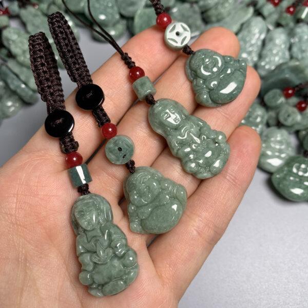 Guanyin Bodhisattva and Maitreya Buddha shape oily green jadeite key chain, jade mobile phone chain - Image 3