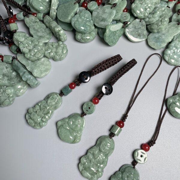 Guanyin Bodhisattva and Maitreya Buddha shape oily green jadeite key chain, jade mobile phone chain - Image 5