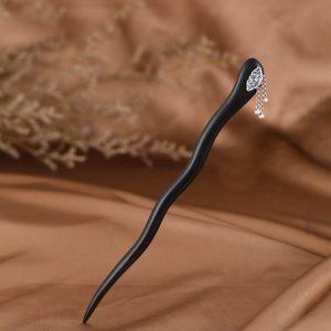 S925 Silver Floral Dangling Ebony Wood Hairpin