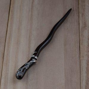 S925 Silver Floral Inlaid Ebony Wood Hairpin