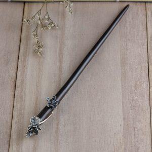 S925 Silver Lotus and Dragonfly Inlaid Ebony Wood Hairpin