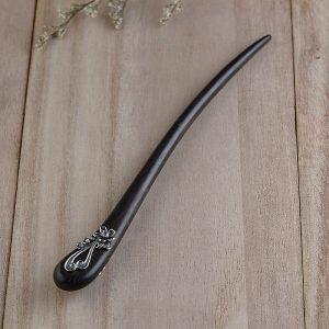 S925 Silver Floral Inlaid Ebony Wood Hairpin